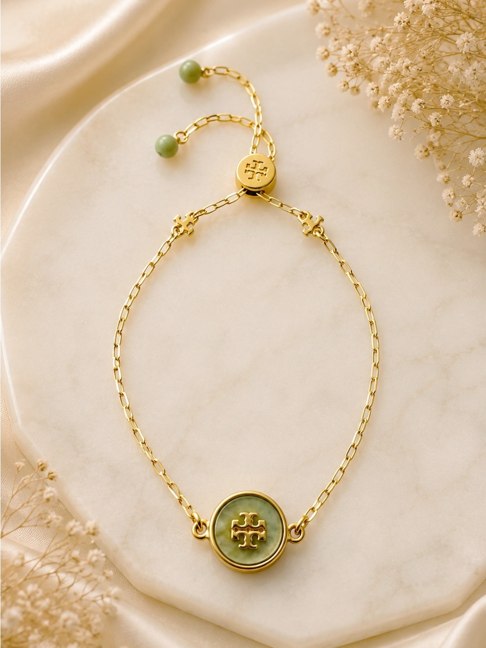 Tory Burch Gold Tone Green Stone Adjustable Chain Bracelet